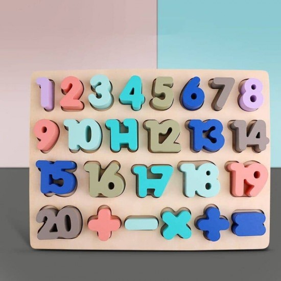 Puzzle incastru din lemn cu Cifre si Semne de Calcul  colorate Pastel