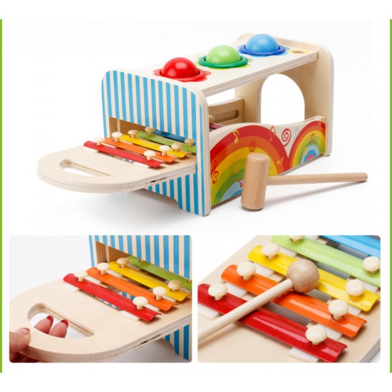 Jucarie Montessori cu ciocan, cile si xilofon din lemn