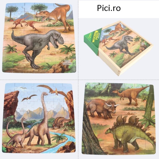 3 Puzzle Din Lemn In Cutie De Lemn 3 In 1 Dinozaurii