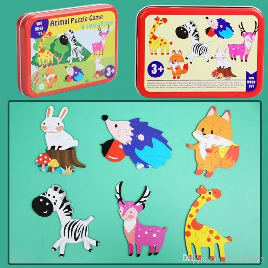 Puzzle format din 4-6 piese Animalute in cutie metalica